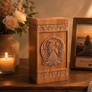 Pu&ograve; includere: Un'urna di legno rettangolare con intagli intricati di una figura celeste, luna e stelle. L'urna ha bordi decorativi e si trova su una superficie di legno. Sono presenti anche una candela accesa e una foto incorniciata.