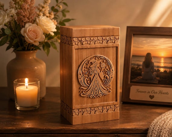 Hand-Carved Wooden Urn Box – Celestial Witch Moon Phases Memorial Keepsake