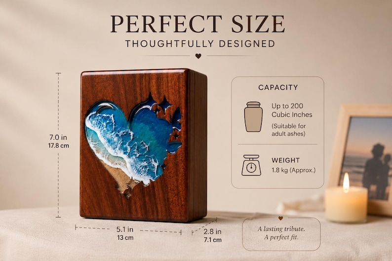May include: A wooden urn with a heart-shaped ocean design. The urn is 7.0 inches (17.8 cm) tall, 5.1 inches (13 cm) wide, and 2.8 inches (7.1 cm) deep. It has a capacity of up to 200 cubic inches and weighs 1.8 kg. The text reads "PERFECT SIZE" and "THOUGHTFULLY DESIGNED."