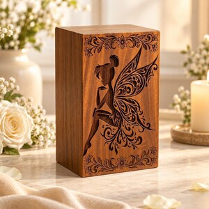 Op de afbeelding: Een rechthoekige houten urn met een lasergegraveerd silhouet van een fee met ingewikkelde, sierlijke vleugels. Het ontwerp bevat decoratieve bloemenranden aan de boven- en onderkant van het donkerbruine houten oppervlak.