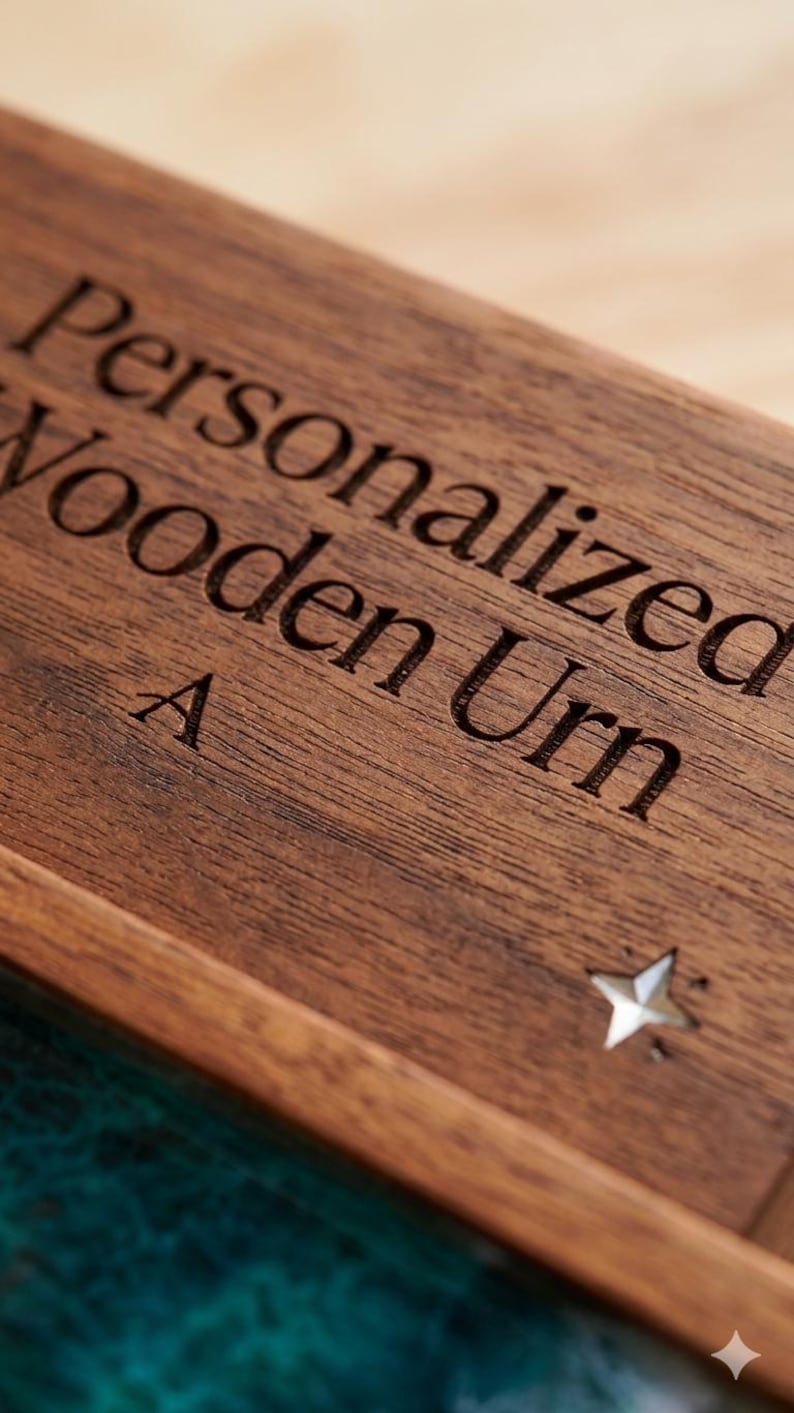 May include: Close-up of a wooden urn with the words "Personalized Wooden Urn" engraved on the lid. A star-shaped cutout is visible on the right side. The urn is made of dark brown wood.