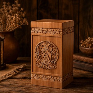 Pu&ograve; includere: Una scatola di legno rettangolare con intagli intricati. La scatola presenta un disegno circolare centrale di una strega con una luna crescente e stelle. I bordi superiore e inferiore sono adornati da un motivo a foglie e viti. La scatola &egrave; in legno marrone chiaro.