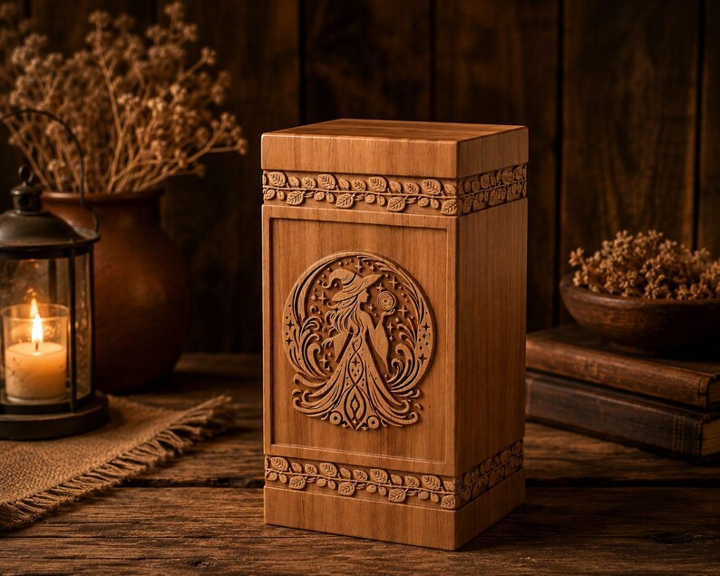 Pu&ograve; includere: Una scatola di legno rettangolare con intagli intricati. La scatola presenta un disegno circolare centrale di una strega con una luna crescente e stelle. I bordi superiore e inferiore sono adornati da un motivo a foglie e viti. La scatola &egrave; in legno marrone chiaro.