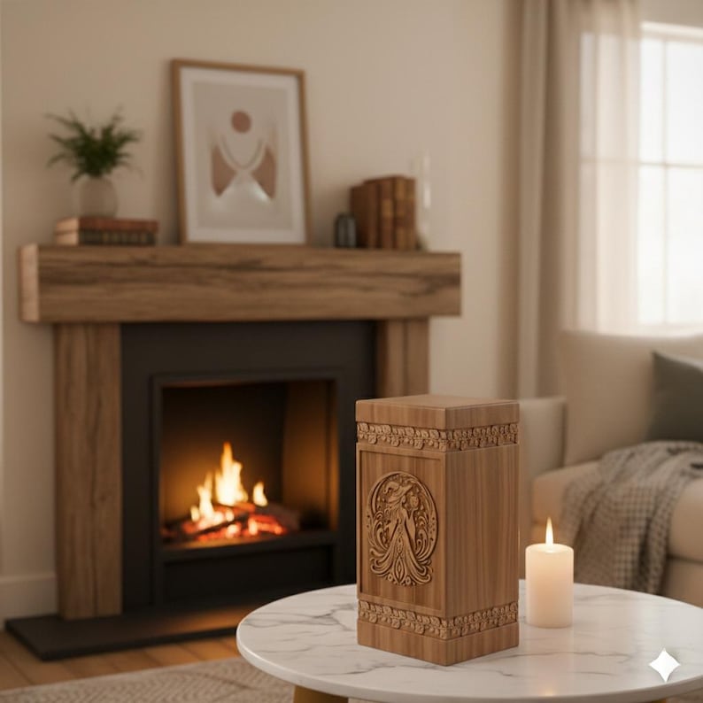 Pu&ograve; includere: Un'urna di legno con dettagli floreali e figurativi scolpiti &egrave; appoggiata su un tavolo con piano in marmo. L'urna &egrave; rettangolare con un disegno decorativo sul davanti. Una candela accesa e un camino con fuoco ardente sono sullo sfondo.