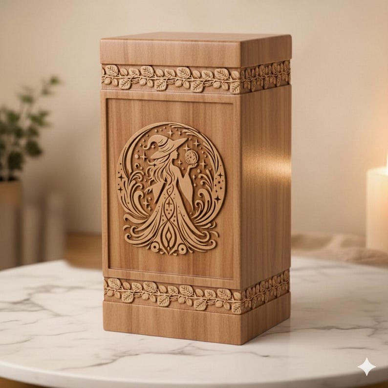 Pu&ograve; includere: Scatola di legno marrone chiaro con un disegno intagliato di una strega che tiene una sfera di cristallo. La scatola presenta motivi decorativi a foglie. La strega indossa un cappello e un vestito, circondata da stelle.