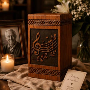 May include: A wooden cremation urn with a carved musical note design. The rectangular urn is brown with a dark panel featuring a treble clef and musical notes. The urn is decorated with a Celtic knot design. A card reads "Forever in our hearts."