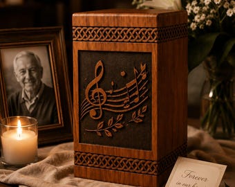 Urna commemorativa in legno realizzata a mano, con note musicali in chiave di violino.