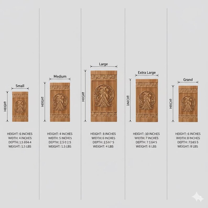 Pu&ograve; includere: Una serie di pannelli in legno intagliato con un disegno centrale, di diverse dimensioni. Le altezze variano da 15,2 cm a 25,4 cm, con diverse larghezze e profondit&agrave;. I pesi sono indicati in libbre.