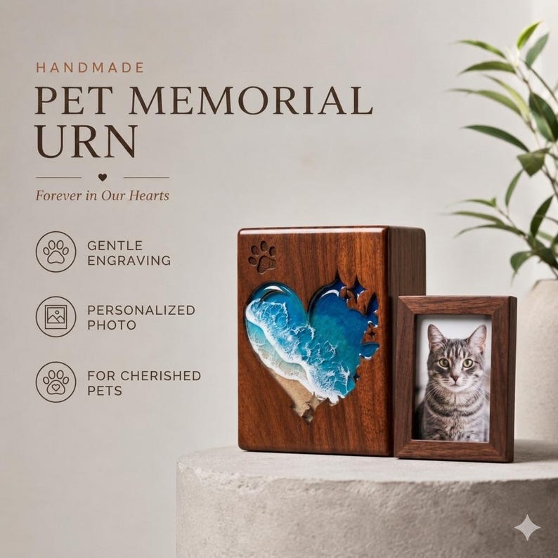 May include: A handmade pet memorial urn with a heart-shaped ocean design and a small photo frame. The urn is made of wood and features the text "PET MEMORIAL URN" and "Forever in Our Hearts". The frame holds a photo of a cat.