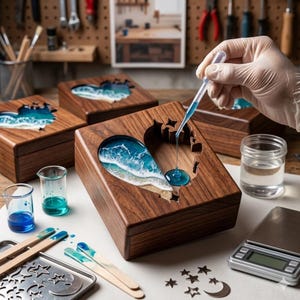 May include: Wooden jewelry boxes with a heart-shaped cutout filled with a resin ocean scene. The boxes are brown with a glossy finish. A hand in a glove is using a pipette to add blue resin to the heart design. Other boxes and tools are in the background.