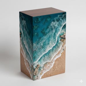 May include: A rectangular wooden block with a dark brown top and a detailed ocean scene on the sides. The sides feature a sandy beach, turquoise water, and white foamy waves, creating a coastal theme.