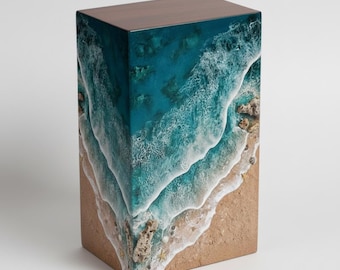 Urna commemorativa a forma di onda oceanica, ceneri umane, tema spiaggia, ricordo costiero, design mare blu