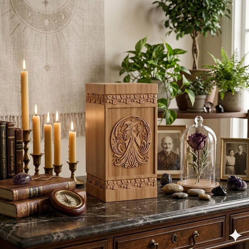 Pu&ograve; includere: Un cofanetto decorativo in legno con intagli intricati, con un design centrale circolare. Candele accese, libri, una bussola e una rosa conservata in una cupola di vetro creano un'atmosfera vintage.