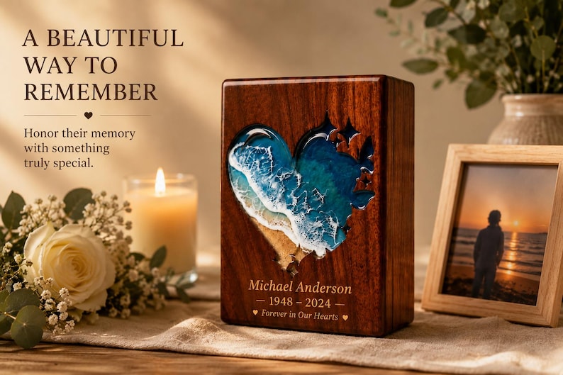 May include: A wooden memorial urn with a heart-shaped ocean scene carved into the front. The urn has the name "Michael Anderson" and dates "1948-2024" engraved on it. A framed photo and a lit candle are also in the image.