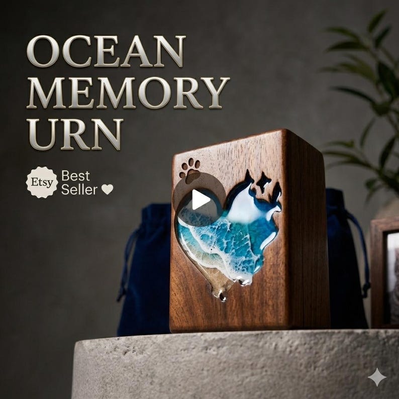 May include: A wooden urn with a heart-shaped cutout revealing a blue and white ocean scene. The urn has a paw print design and the text "OCEAN MEMORY URN" is displayed at the top. The Etsy "Best Seller" badge is also visible.