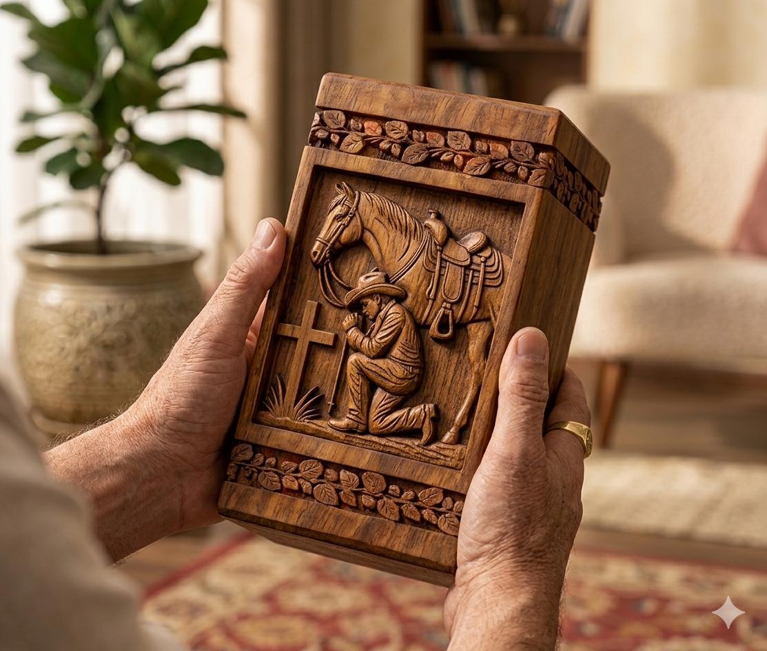 Contenitore commemorativo per urna di cremazione, con adorabile cavallo e lavoro di arte del fuoco, misura grande 26 cm di altezza