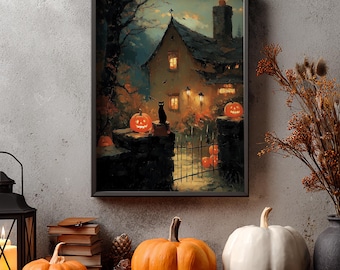 Halloween Black Cat in the Pumpkin Patch Wall Art, Vintage Halloween Painting Poster (Digital Download)