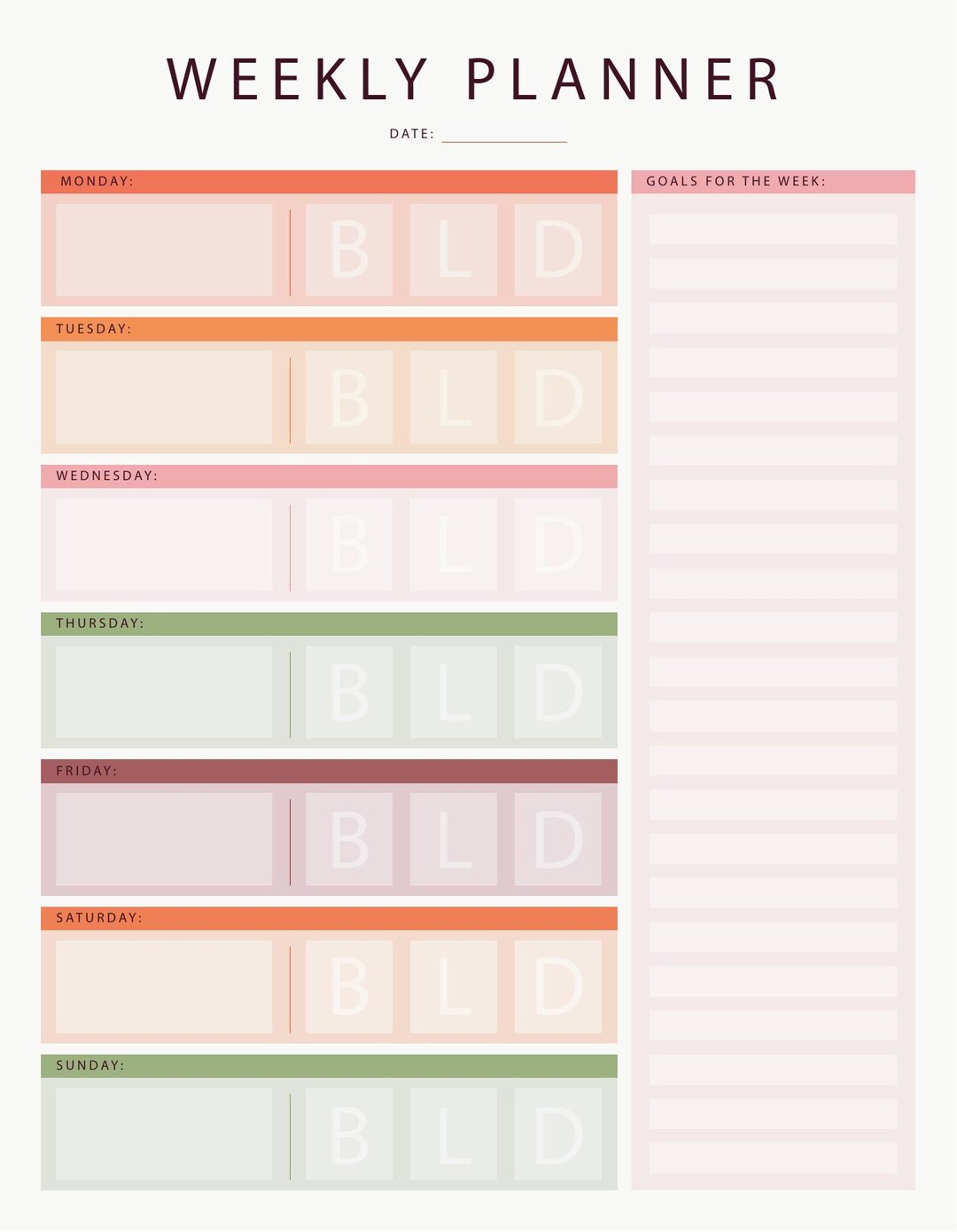 Printable Weekly Planner – Pastel Meal & Goals Tracker With BLD Boxes ...
