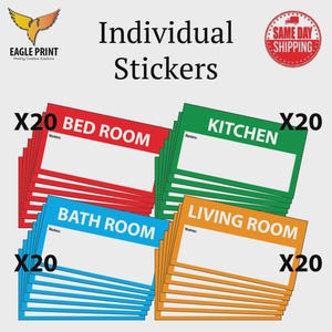 May include: Stacks of individual stickers for various rooms, including bedroom, kitchen, bathroom, and living room. Each stack contains 20 stickers with room names in bold text and space for notes. The stickers are in red, green, blue, and orange.