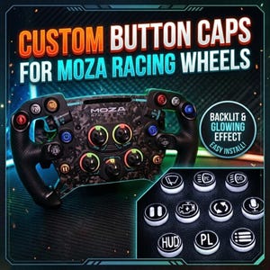 May include: Custom button caps for Moza racing wheels featuring a black carbon fiber texture steering wheel with various colorful buttons and a separate set of white circular button caps with black icons including symbols for wipers, lights, and audio.