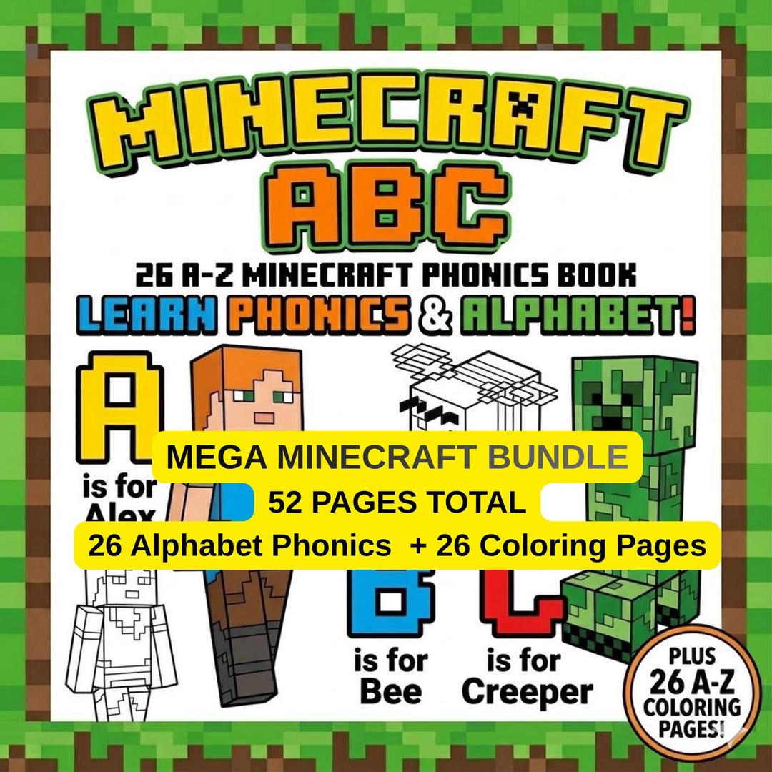 Minecraft Abc Worksheets Minecraft ABC Phonics, Coloring Book Bundle, 52 Digital PDF Pages ...