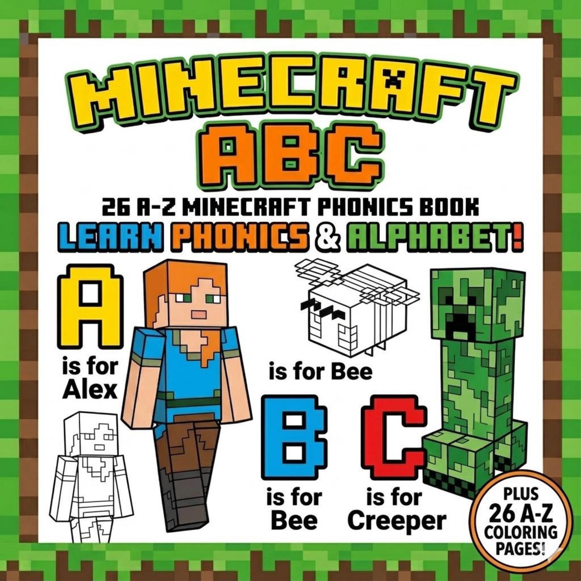 Minecraft ABC Phonics, Coloring Book Bundle, 52 Digital PDF Pages ...