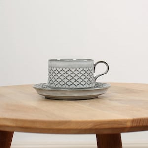 May include: A gray ceramic teacup and saucer set with a repeating geometric pattern. The cup has a handle and sits on a matching saucer. The set is on a light brown wooden table.