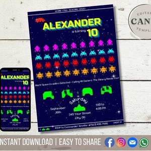 Convite de aniversário editável do Space Invaders | Convite para festa retrô gamer | Download digital com tema de fliperama | Jogo de videogame de 8 bits para impressão