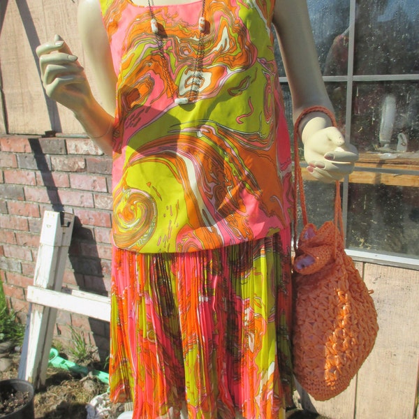 1960s bright swirling colors, drop waist, scooter dress