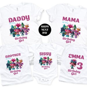 Trolls Birthday Girl Shirt, Family Matching Party Tee, Gift for Daughter, Pastel Trolls Outfit Custom Toddler Sweatshirt Kids Birthday Shirt