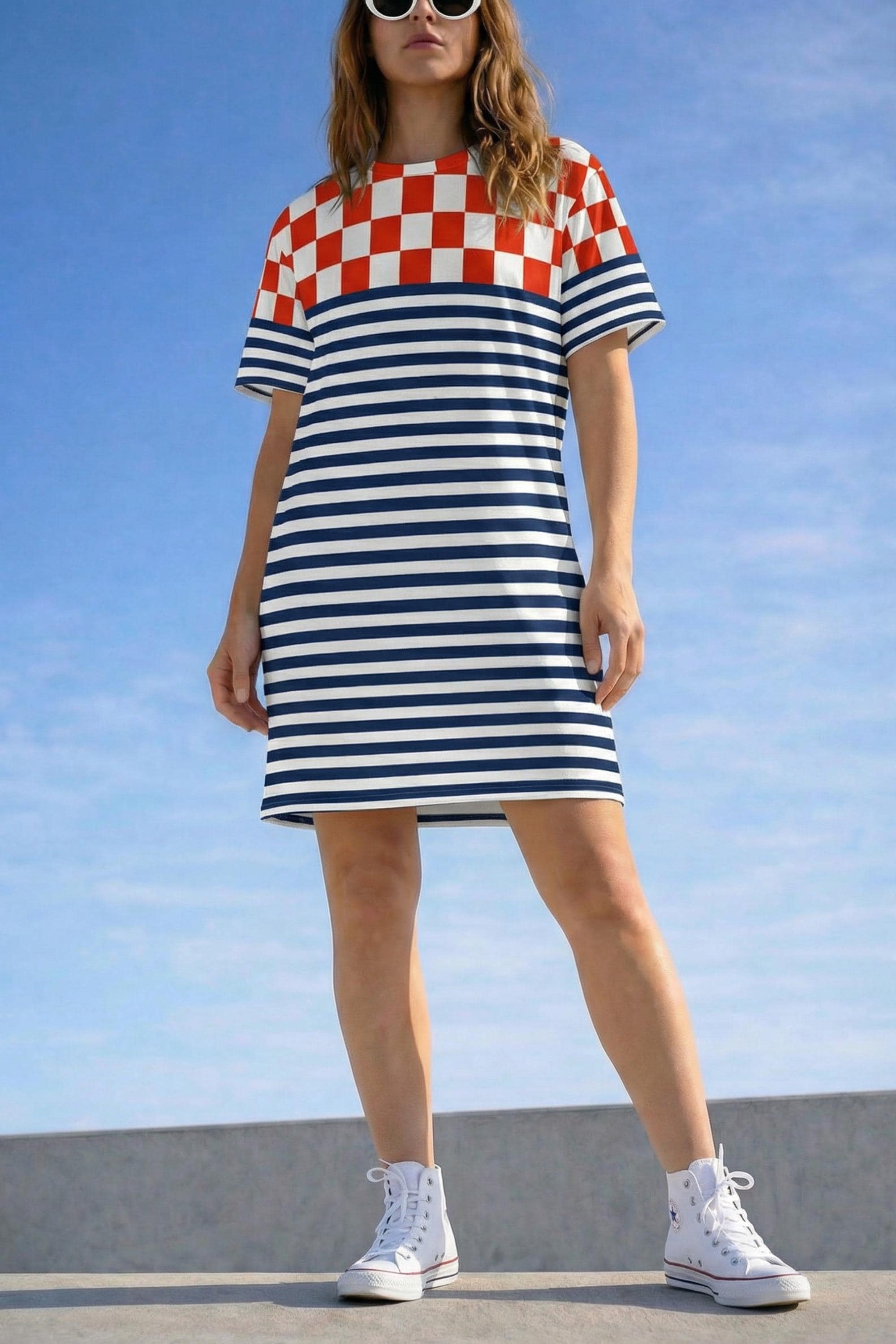 navy blue and red striped dress Women's Exactly Like This Navy Stripe Ribbed Knit Cutout Cotton Maxi Dress | Size: L