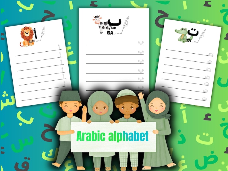 May include: Illustration of children holding a sign that says "Arabic alphabet." The image includes three pages with Arabic letters and illustrations of a lion, cow, and crocodile. The background is green with Arabic letters.