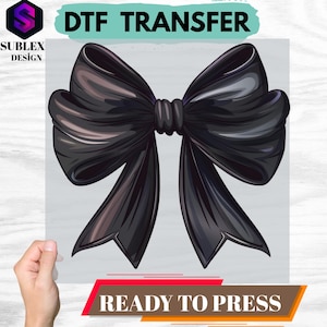 DTF Transfer Black Ribbon Bow Design, Gothic Halloween Spooky Chic Decoration, Dark Elegant Lace Hair Bow Ready To Press Shirt Graphic