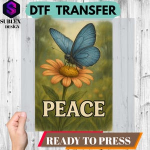 DTF butterfly floral transfer,cute blue butterfly sitting on flower with peaceful nature vibe, perfect for spring fashion and boho shirt DTF