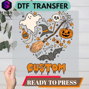 Personalized Halloween DTF Transfer, Custom Name Ghost Witch Pumpkin Design, Spooky Fall Bat Candy Heat Press, Kids Boo Ready to Press Art