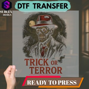 Trick or Terror Halloween DTF Transfer | Vintage Horror Skull Zombie Print for Shirts | Spooky Retro Heat Press Iron On Design,Hallowen DTF