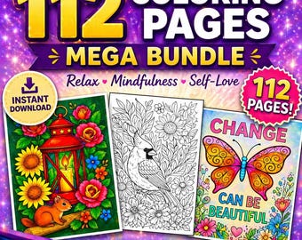 112 Coloring Pages Bundle Printable – Relaxing Adult Coloring Book PDF, Self Love, Mindfulness, Stress Relief