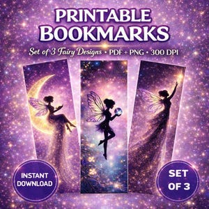 Printable Bookmarks Set of 3 – Fairy Bookmarks – Moon Reader, Crystal Ball, Celestial – 2x6 Inch – PDF + PNG – Instant Download