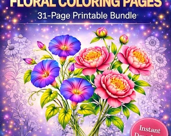 31-Page Floral Coloring Bundle | Beautiful Botanical Flower Pages for Adults | Instant Download Printable | Relaxing Nature Coloring PDF