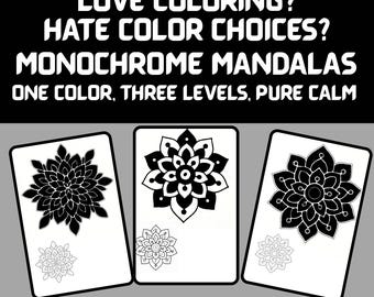 Monochrome Mandala Coloring Pages – Easy to Difficult – One Pen, Pure Calm – Self Love Coloring for Mindful Relaxation,  Instant Download,