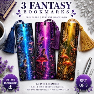 May include: Set of 3 fantasy bookmarks with fairy illustrations. Each bookmark features a different color scheme: blue, purple, and gold. The bookmarks have tassels and are 2x6 inches in size.