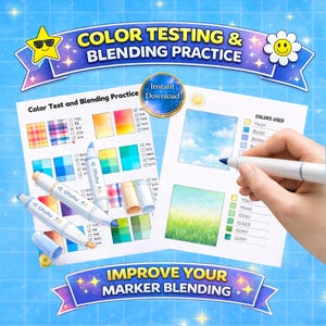 Alcohol Marker Blending Practice Sheets (2 Pages), Color Testing and Swatch Chart, Copic and Ohuhu Marker Practice Printable PDF