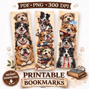 Può includere: Segnalibri stampabili con illustrazioni di varie razze di cani. I segnalibri mostrano cani impilati, alcuni con occhiali o che leggono libri. È visibile anche il testo "PDF PNG 300 DPI" e "Printable Bookmarks".