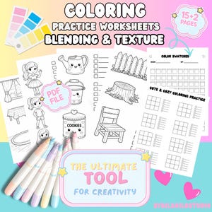 Könnte beinhalten: Ausmalübungsblätter mit dem Text "COLORING PRACTICE WORKSHEETS BLENDING & TEXTURE." Das Bild enthält Farbfelder, niedliche Illustrationen und den Text "THE ULTIMATE TOOL FOR CREATIVITY."