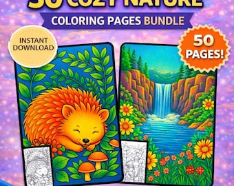 50 Page Cozy Nature Coloring Bundle | Relaxing Forest & Animal Coloring Pages | Printable Adult Coloring Book | Instant Download