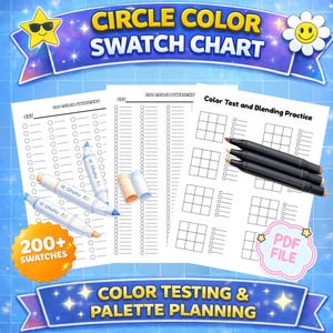 May include: A color swatch chart with the text "CIRCLE COLOR SWATCH CHART" and "COLOR TESTING & PALETTE PLANNING". The image includes color testing sheets, markers, and the text "200+ SWATCHES" and "PDF FILE".