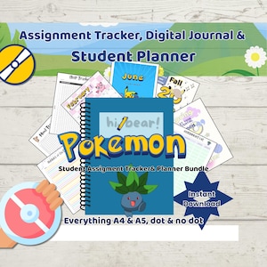May include: A blue spiral-bound student planner bundle with the word "Pokemon" in yellow and blue. The cover features a cartoon Oddish character. The image includes the text "Assignment Tracker, Digital Journal & Student Planner."