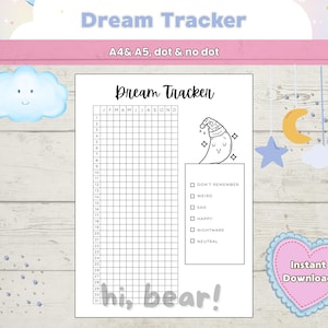 以下が含まれることがあります： A4とA5サイズで印刷可能なドリームトラッカー。点線と点線なしのオプションがあります。夢を追跡するためのグリッド、眠っている月のグラフィック、夢の感情のチェックボックスが特徴です。「Dream Tracker」の文字が上部にあります。