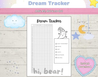 May include: A printable Dream Tracker in A4 and A5 sizes, with dot and no dot options. The design features a grid for tracking dreams, a sleeping moon graphic, and checkboxes for dream emotions. The text "Dream Tracker" is at the top.