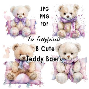 Könnte beinhalten: Vier Aquarell-Illustrationen von Teddybären. Zwei Bären haben lila Schleifen und zwei haben lila Schals. Die Bären sitzen auf rosa Kissen. Der Text enthält "JPG, PNG, PDF", "For Teddyfriends", "8 Cute Teddy Baers".